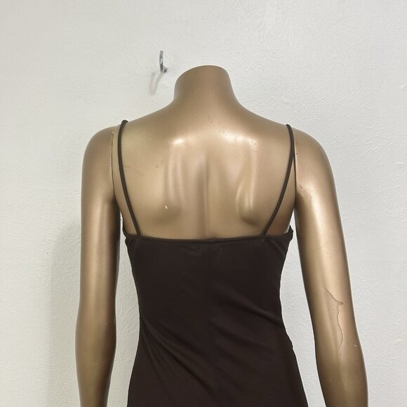 Vintage 90s Brown Chiffon Midi Dress Asymmetrical Hem Fairy Ethereal Earthy Sz M - Picture 5 of 12